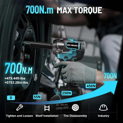 GEVEELIFE 700Nm Brushless Cordless Impact Wrench 1/2", 2×4.0Ah