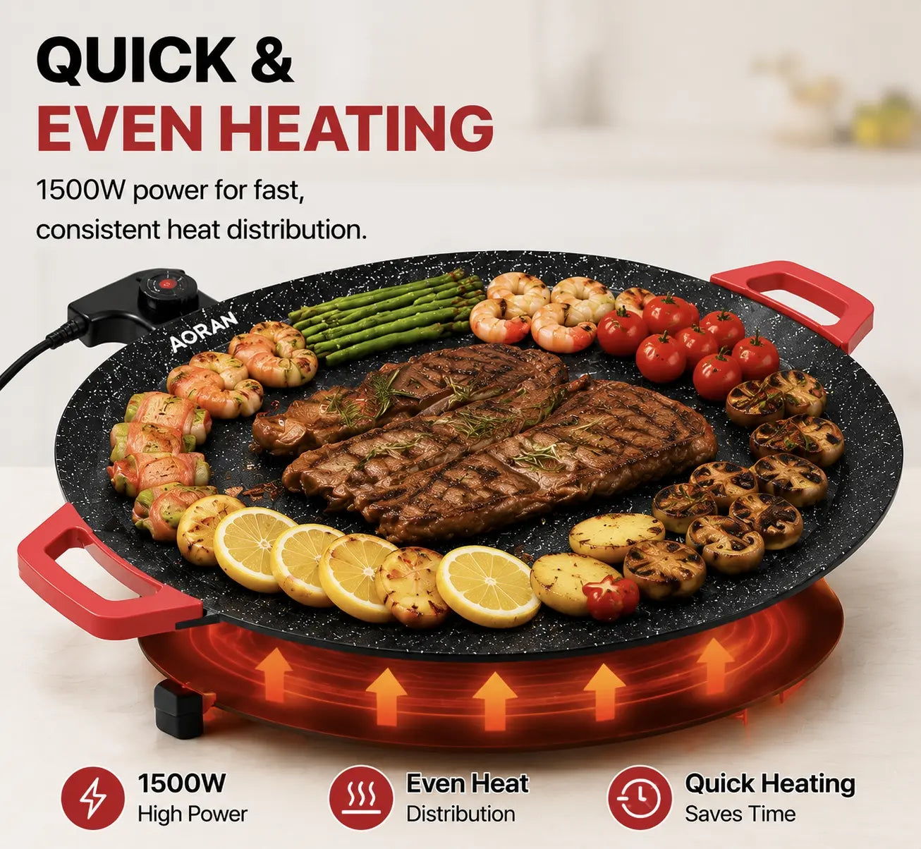 AORAN KITCHEN 1500W Smokeless Indoor Electric Grill Pan, Non-Stick BBQ Griddle