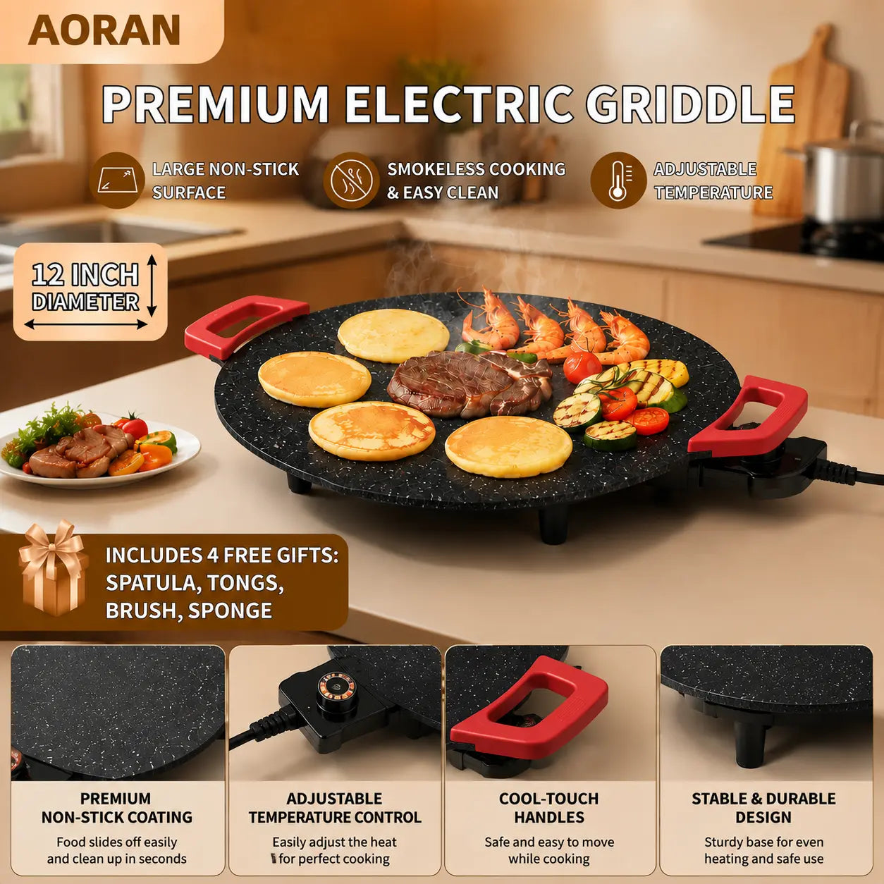 AORAN KITCHEN 1500W Smokeless Indoor Electric Grill Pan, Non-Stick BBQ Griddle